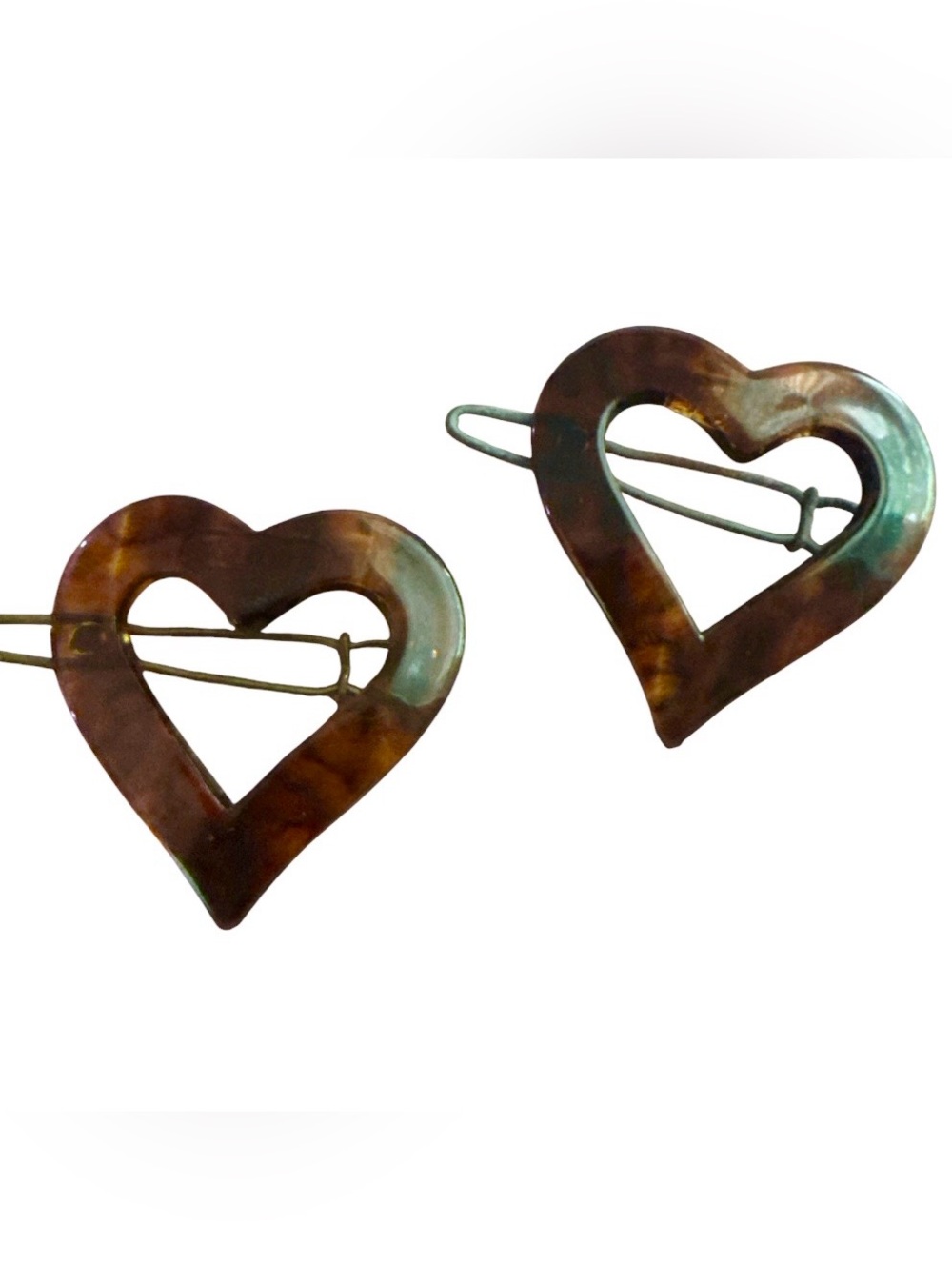 1960’s French Heart Barrettes in Tortoiseshell, Deadstock, One Pair Available